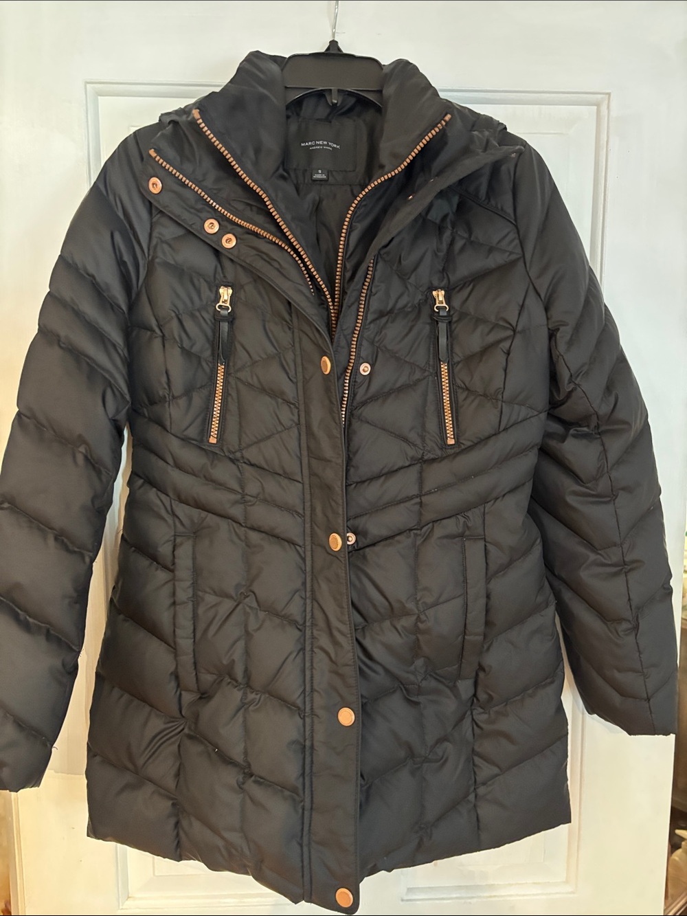 Marc New York Black Quilted Puffer Coat with Gold Accents